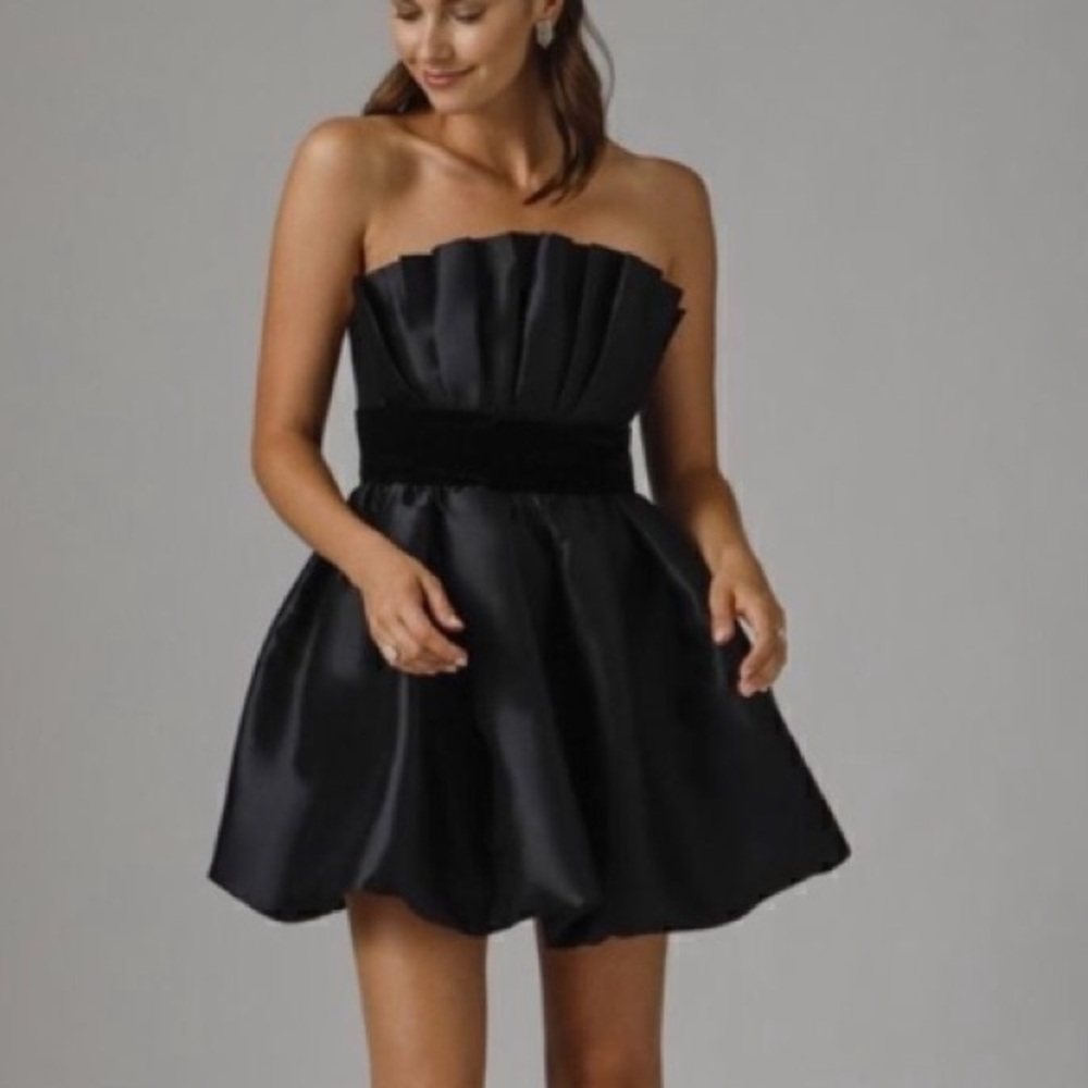 NEW Jay Godfrey Black Lola Strapless Mini Dress Satin Pleated Bubble Hem Size 10 - Picture 5 of 16